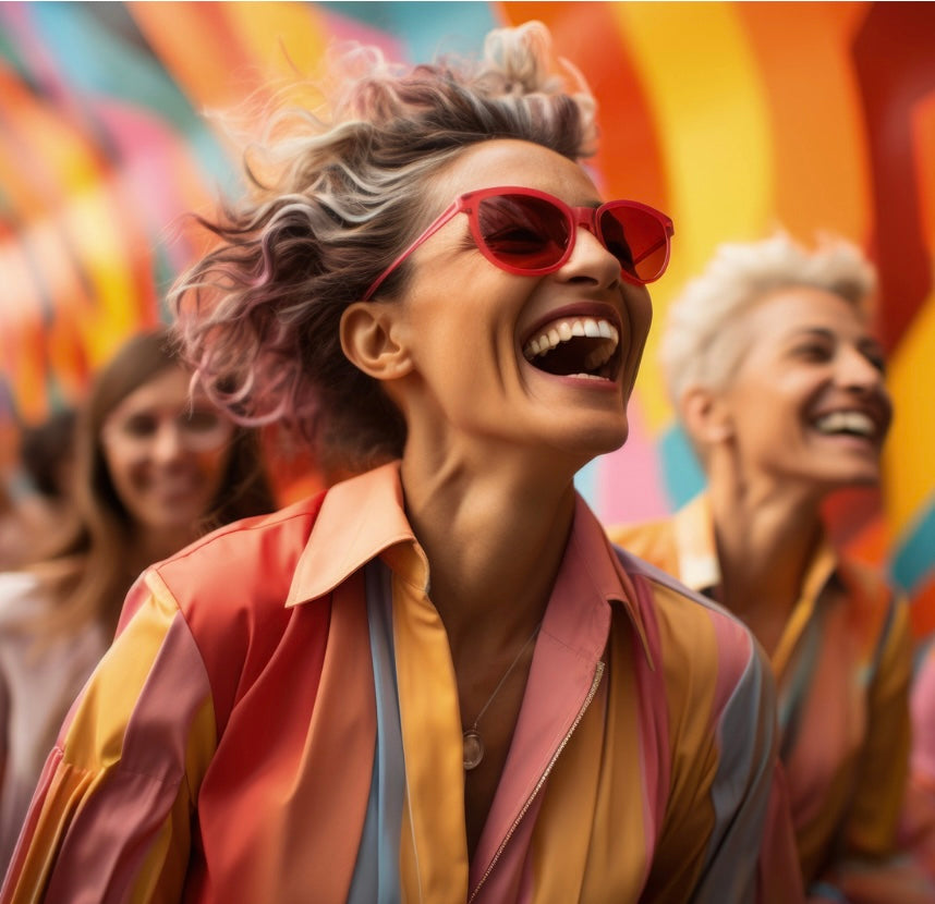 Image showing a few smiling women dashing with infectious, positive energy. All wearing colorful clothes.