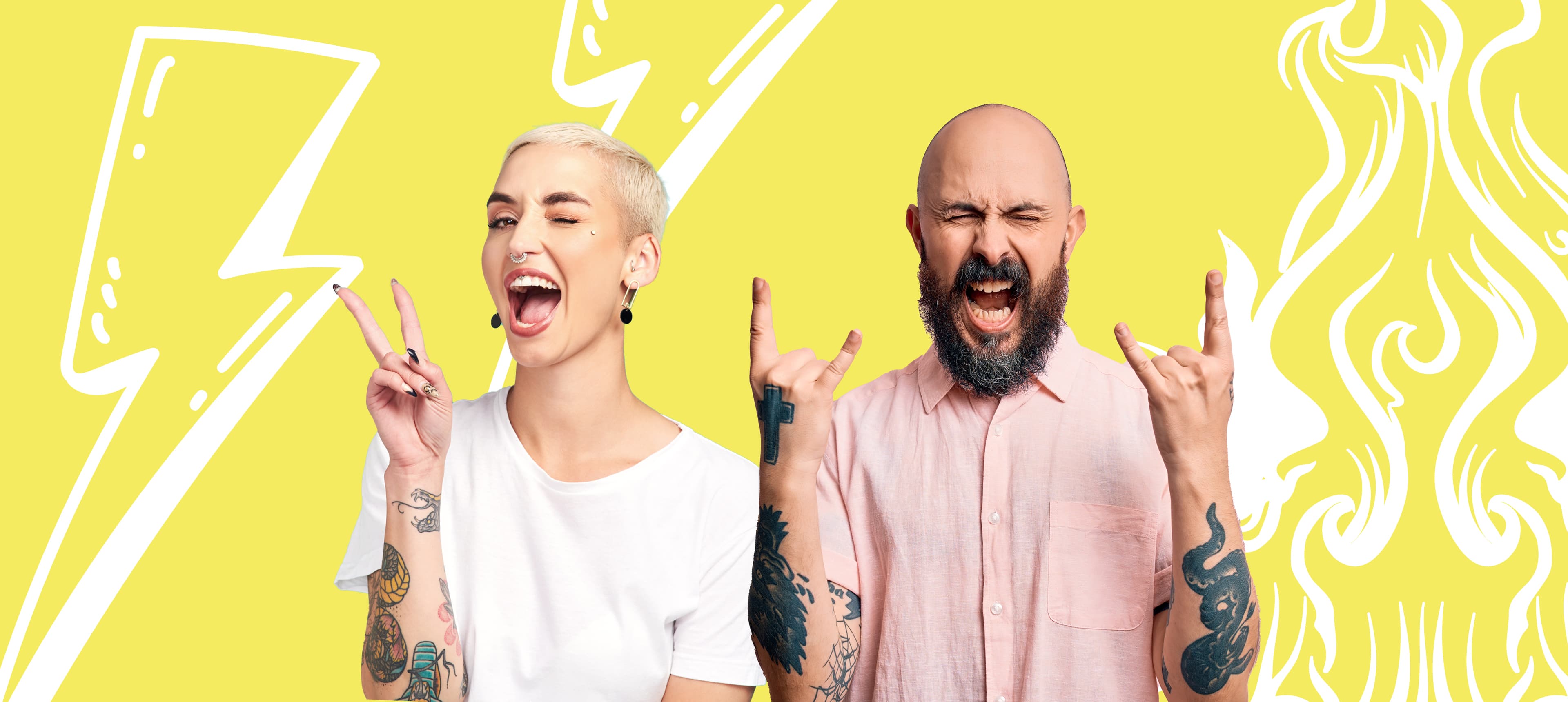 Bold and Grit - Woman and Man happy on a yellow background with text get ready to nail it.