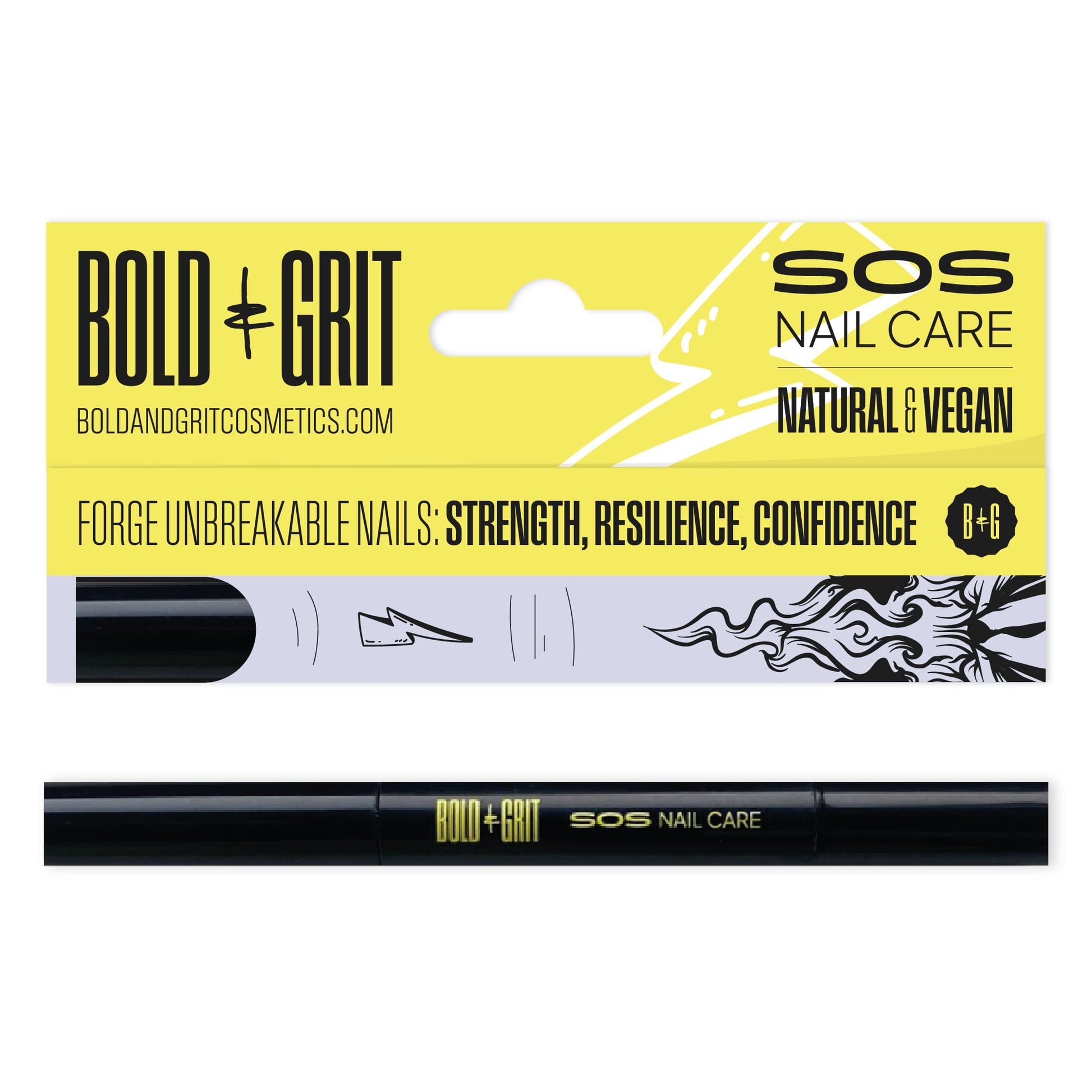 Bold and Grit SOS Nail Care Natural & Vegan showing the nail pen and its packaging from Bold and Grit Cosmetics