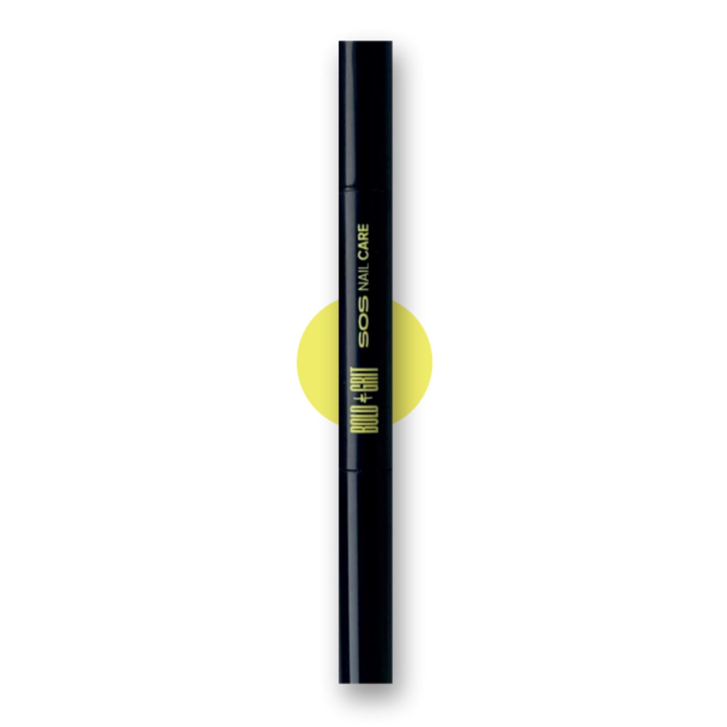 Black pen for manicure at home, with yellow text on it Bold&Grit SOS Nail Care. Pen formulated for beautiful nails.